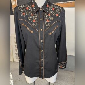 Scully Black Western Embroidered Snap-Front Shirt with Red Floral Accents